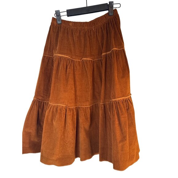 2/$30 Pastel Tiered M Rust Carmel Brown Thin Corduroy Midi Skirt Elastic Waist - Picture 5 of 10
